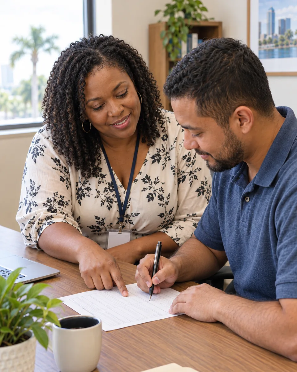 A TBAH staff member sits at a desk beside a participant and points to a line on the application he is filling out